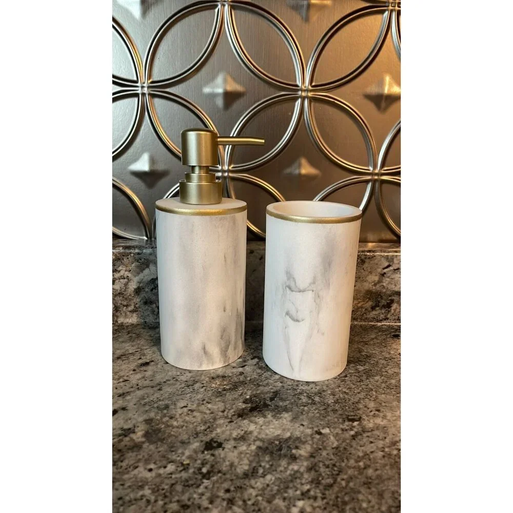 Sunday Citizen Bathroom Set Soap Dispenser & Toothbrush Cup - Resin Marble